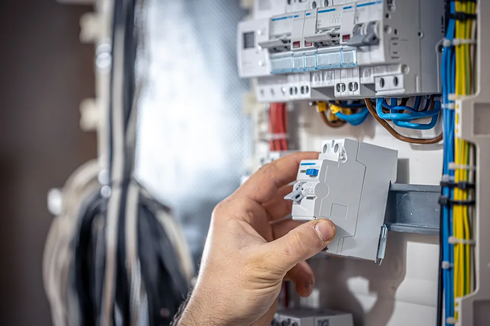 Electrician fitting a circuit breaker inside an electrical switchboard